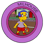 Milhouse alone in the middle of the road outside of his house holding his lunchbox looking worried
