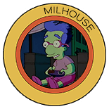 A happy smiling Milhouse sitting in a chair alone in his room in the dark holding a video game controller